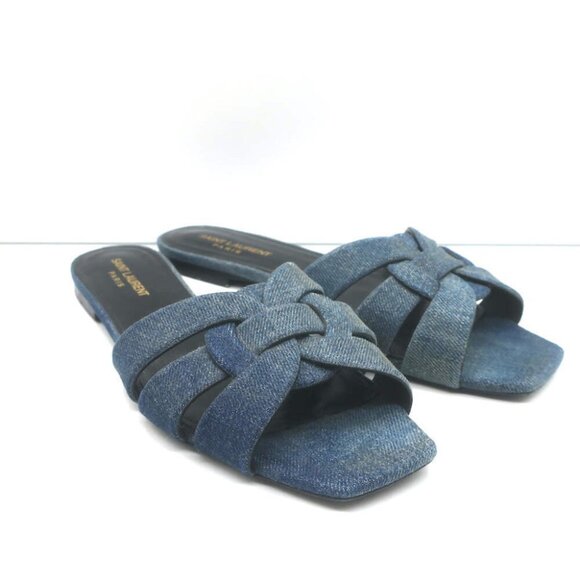 Saint Laurent Denim Tribute Flat Sandals Blue Size 39 Open Toe Mules - Picture 1 of 10